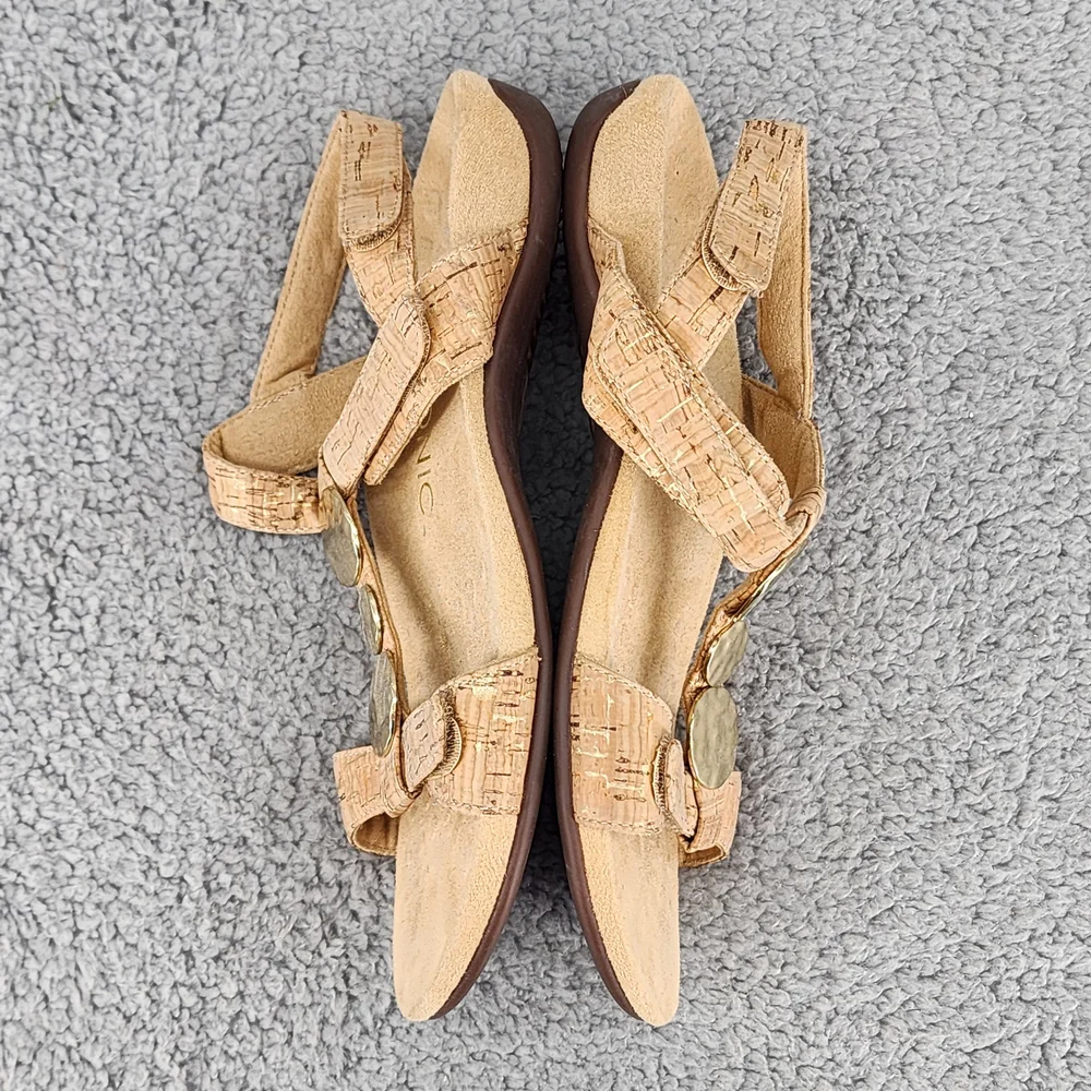 Vionic Farra Tan Cork Sandals Sz 8 Gold Details Ankle Strap Comfort Boho - Picture 6 of 11